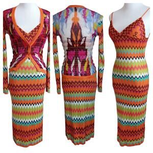MISSONI Crochet Knit Maxi Mid Dress Smocked Cardigan Set Pristine 40/4 Two Piece